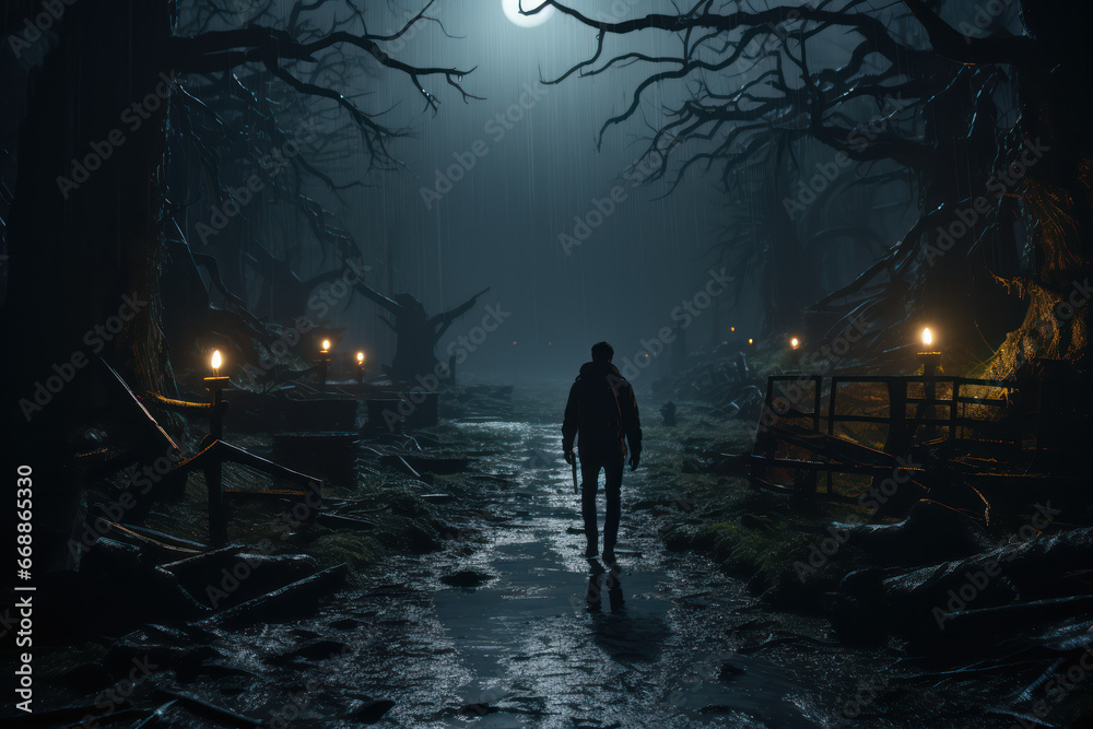 Dark forest with spooky man walking on a path. Generative Ai. Dark forest with spooky man walking on a path. Generative Ai.