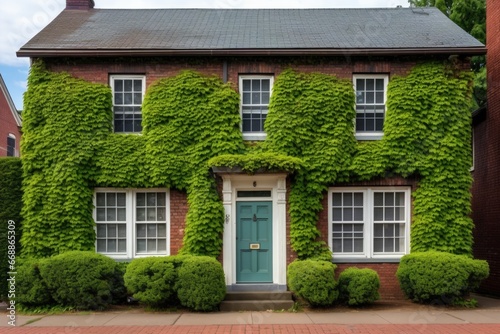ivy creeping on the red-brick exterior of a dutch colonial building