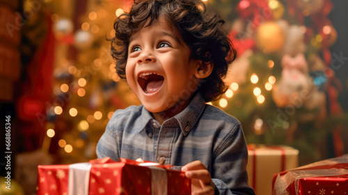 Child's joyful expression as he receives a surprise gift at christmas.