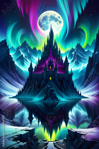 surface of a desolate moon mountains castle aurora cosmic horror generative ai
