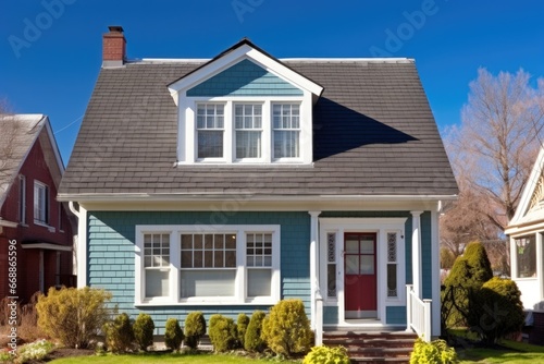 dutch colonial with dormer windows on a sunny day with clear blue sky