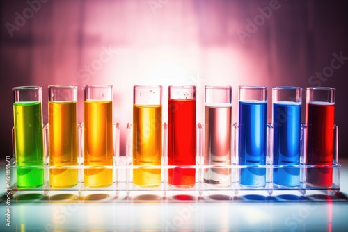array of different colored test tubes in a lab