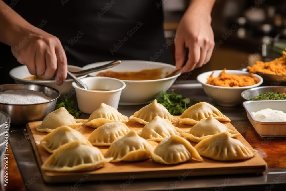 hand plating freshly made empanadas on a porcelain dish hand plating freshly made empanadas on a porcelain dish