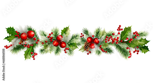 Christmas decoration pine cones and branches, ilex with red berries on white background