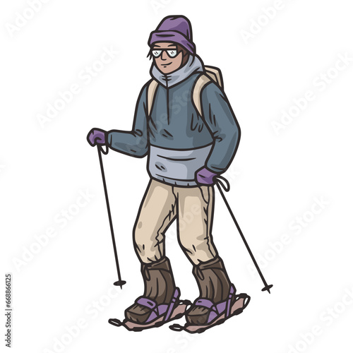 Person in snowshoes on top of a snowy mountain. Snowshoeing in winter mountains. Sporty winter hiking or winter sport for ski resort