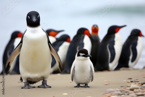 a penguin among a group of seagulls