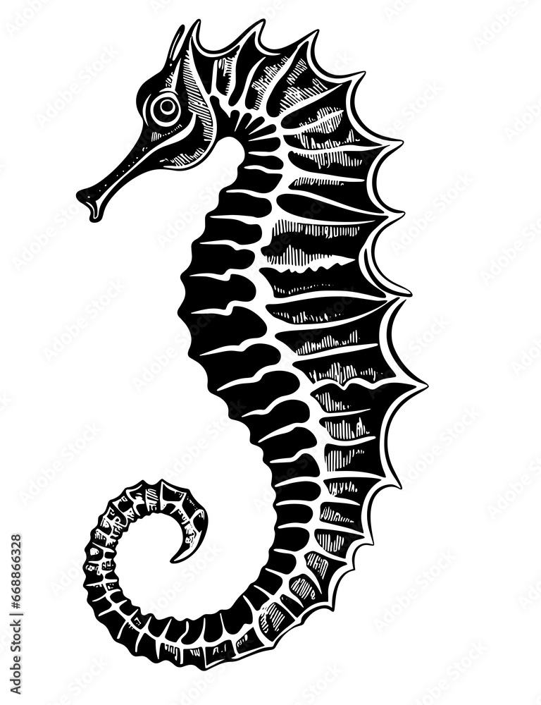 Fototapeta premium Seahorse Underwater Depth Abyss Spikes Fish Tattoo Print Stamp