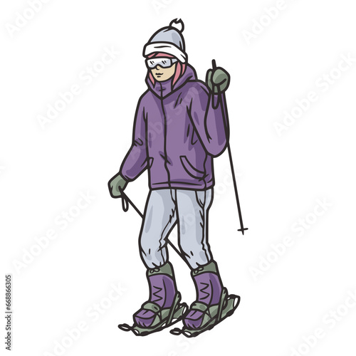 Person in snowshoes on top of a snowy mountain. Snowshoeing in winter mountains. Sporty winter hiking or winter sport for ski resort © Casoalfonso