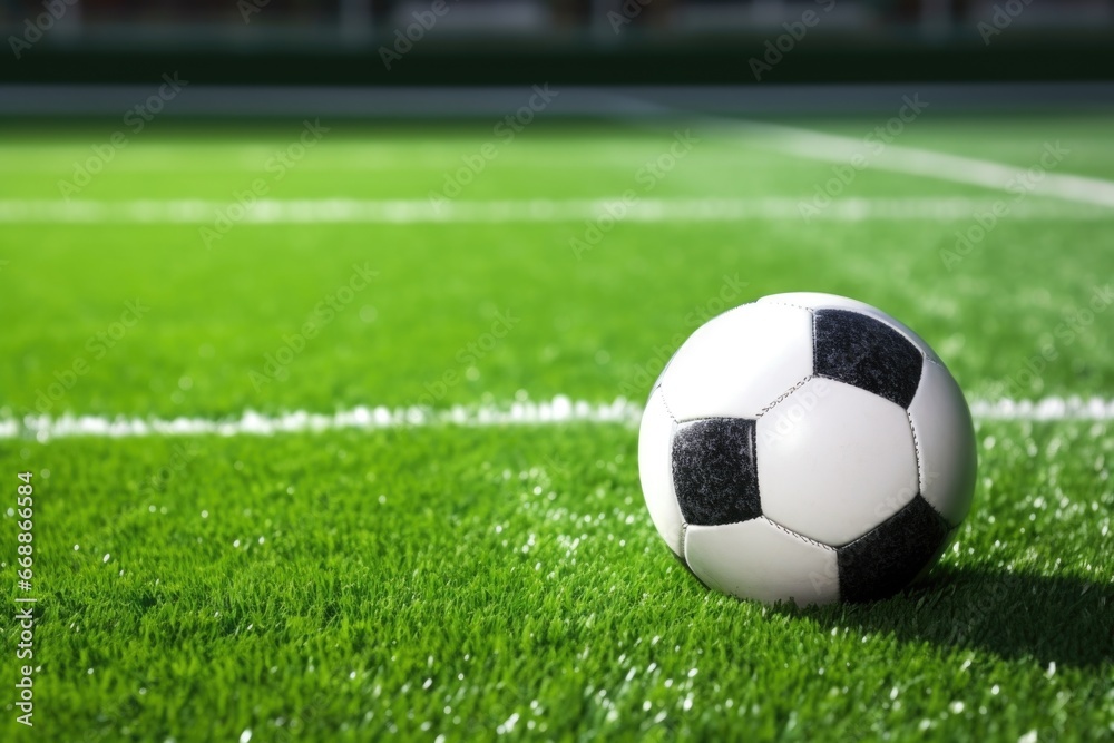 a soccer ball on a green pitch with white lines