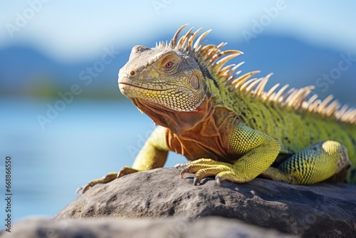 iguana basking on a rock in sunlight