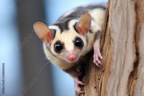 sugar glider clinging to a tree trunk