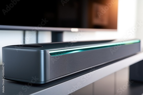 close-up of a soundbar speaker below a modern tv