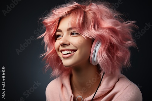 Fashionable girl with pink hair enjoys music on headphones. Pink background. Youth style, leisure.