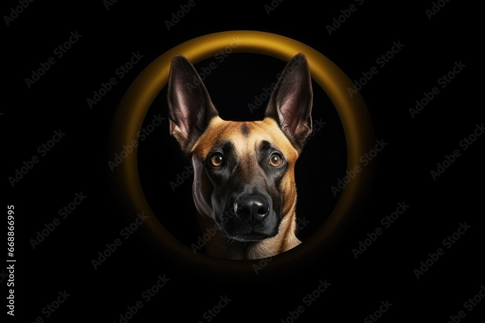 Portrait of German Shepherd Dog on Black Background in Rounded Frame