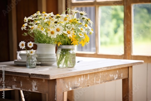 farmhouse table with a centrepiece of country daisies