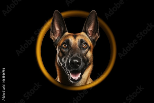 Portrait of Surprised German Shepherd Dog on Black Background in Rounded Frame