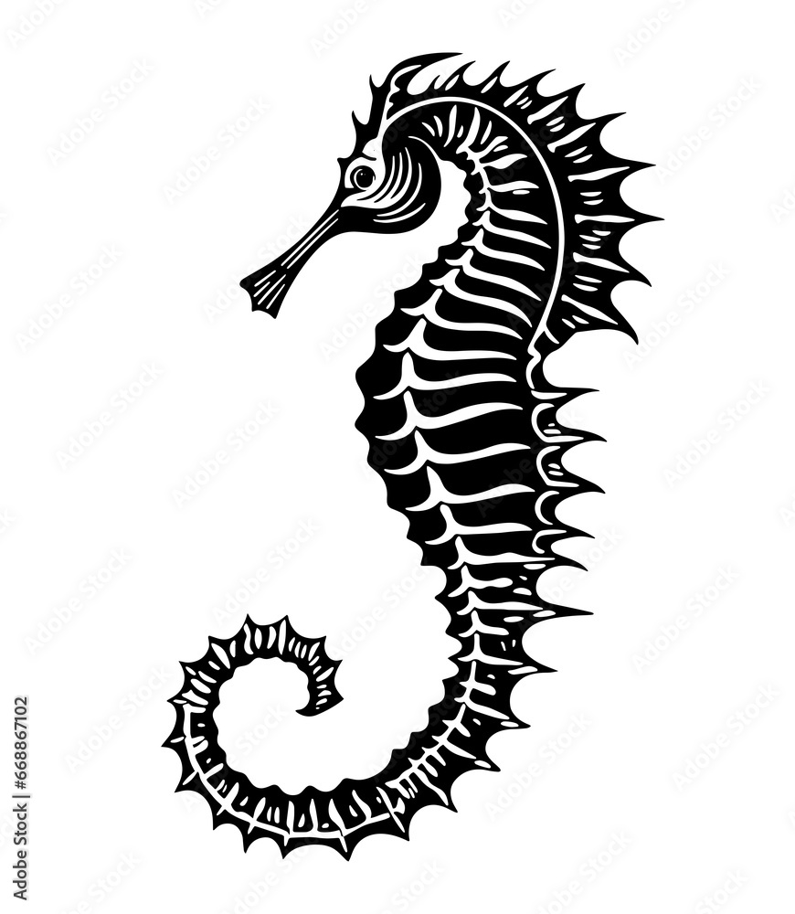 Obraz premium Seahorse Underwater Depth Abyss Spikes Fish Tattoo Print Stamp