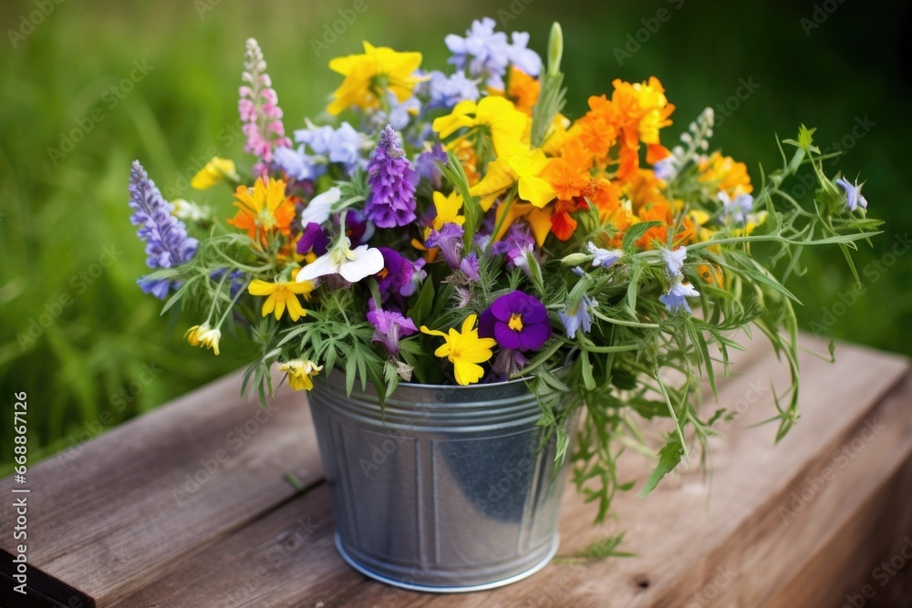 wildflowers in a galvanized steel bucket