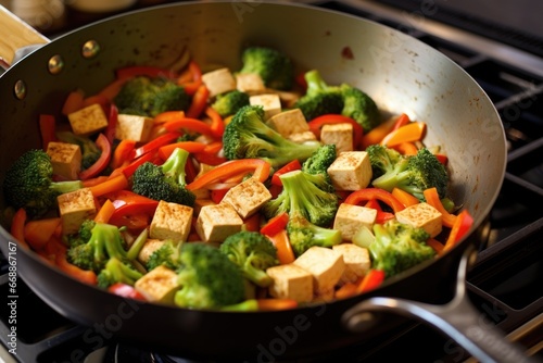 a pan filled with stir-fry vegetables and tofu