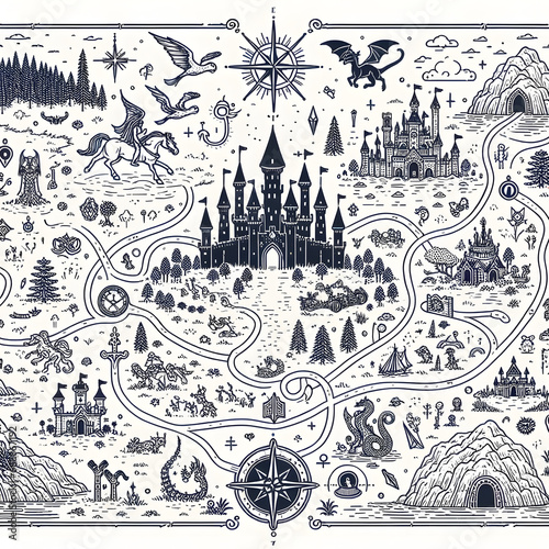 illustration of hand-drawn map of a fairy-tale kingdom, marked with castles and mystical places