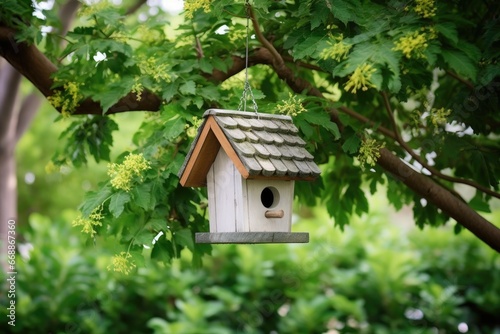birdhouse hanging on a lush, green tree
