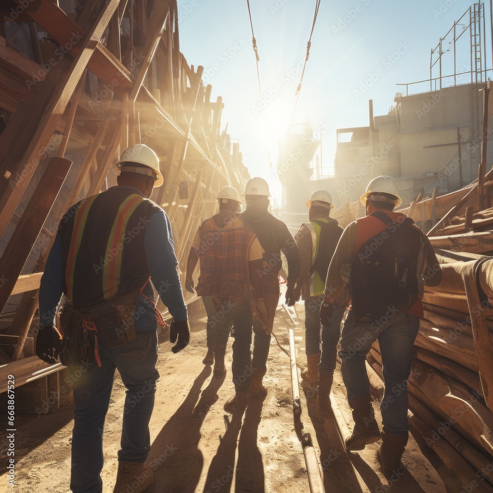 Fototapeta premium Construction workers concluding their tasks and departing from the work area.