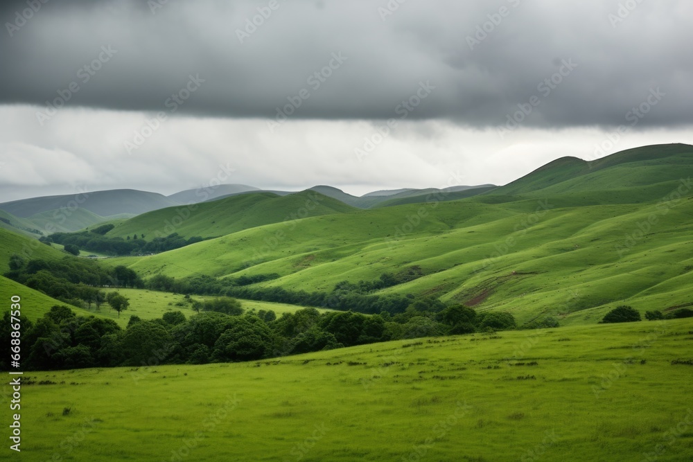 green, rolling hills set against a grey sky
