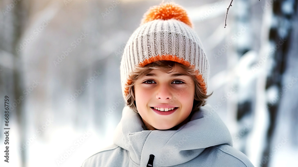 Obraz premium Young skier in a knitted hat with a pompom stands against the backdrop of a winter landscape and smiles.