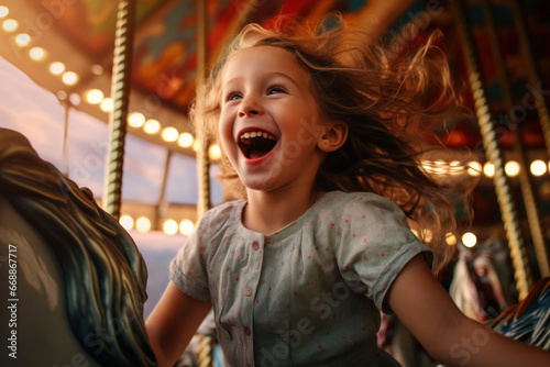 A child rides on a vintage carousel with horses and has fun © Evgeniya Fedorova