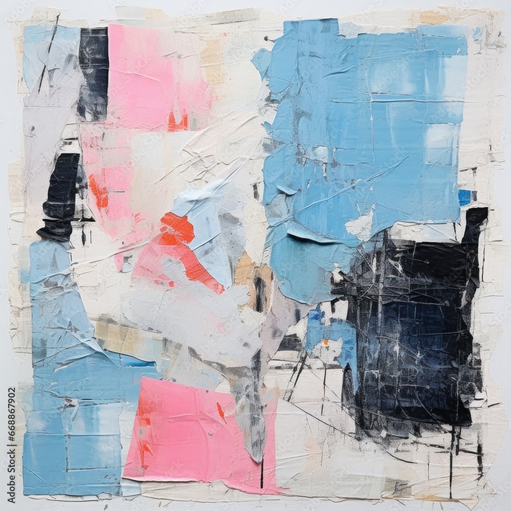 Fototapeta premium A collage created from torn paper, paint, and mixed media, featuring shades of grey, pink, and blue.