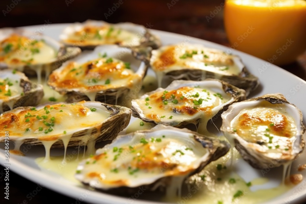 macro view of grilled oysters, dripping with garlic sauce