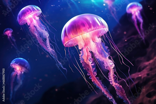 Lilac jellyfish with thin threads in dark transparent ocean water © Evgeniya Fedorova