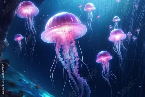 Lilac jellyfish with thin threads in dark transparent ocean water © Evgeniya Fedorova