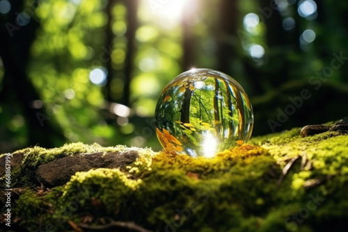 Crystal ball in the forest with reflection, environmental consumption concept