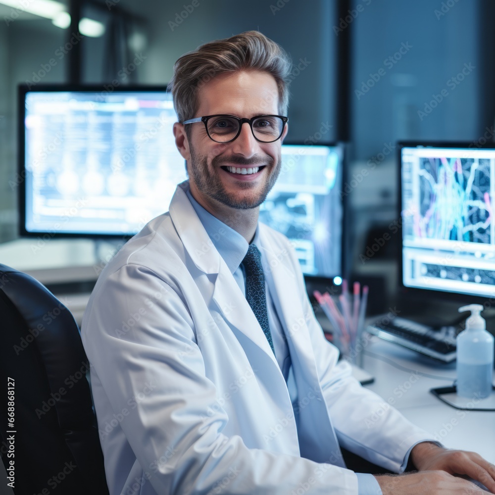young medical doctor in front of a computer with a very powerful software. young medical doctor in front of a computer with a very powerful software.