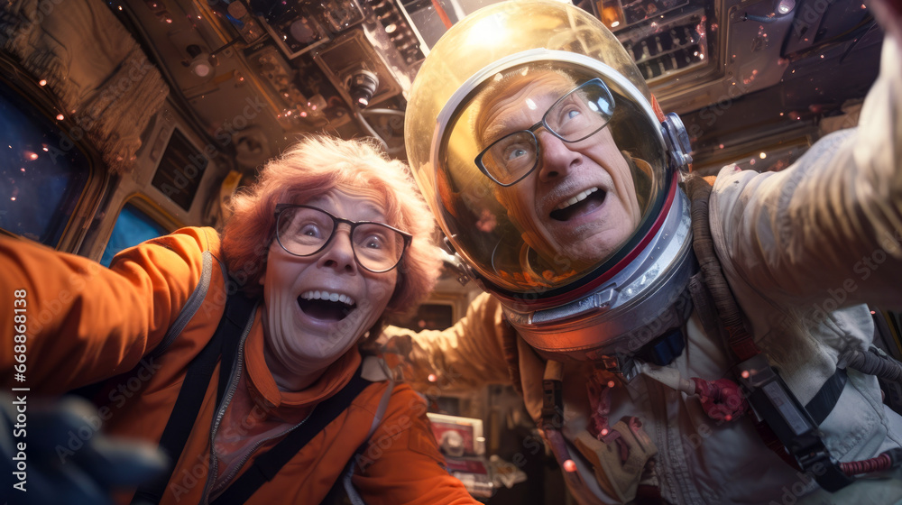 Selfie of grandpa and grandma in Space station in space.