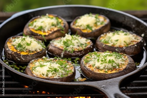 four grilled portobellos in a pan, topped with garlic butter