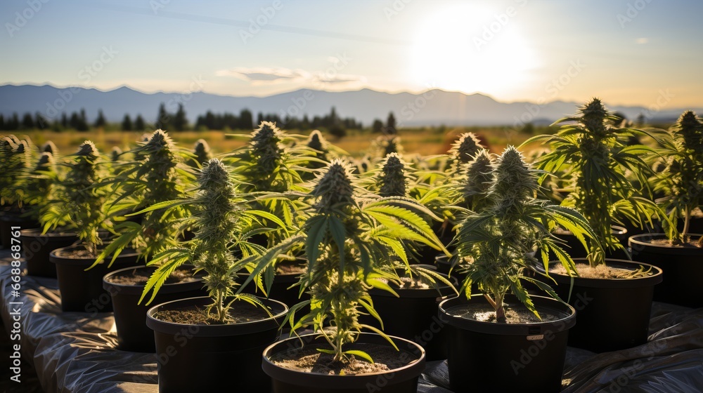 Growing medical cannabis on an industrial scale. Marijuana in a greenhouse and under the sun's rays. Concept: Legalization and licensing of drugs
 - obrazy, fototapety, plakaty 