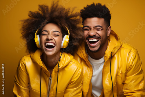 joyful couple of teenagers dancing, enjoying cool music in stereo headphones, listening to a pleasant popular track, actively moving on a yellow background, wearing yellow clothes and with yellow