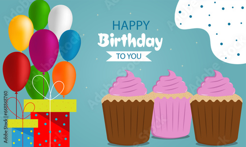 Birthday concept poster colorful balloons, gifts, cupcakes on blue background, flat vector illustration.