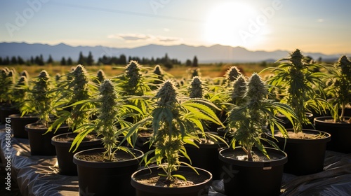 Growing medical cannabis on an industrial scale. Marijuana in a greenhouse and under the sun's rays. Concept: Legalization and licensing of drugs 
