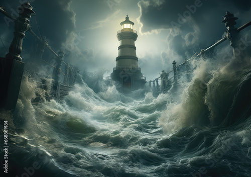Light House and Brutal Sea Storm, Capturing the Raw Power and Relentless Surge of Nature's Oceanic Wrath, Crafted by Generative AI