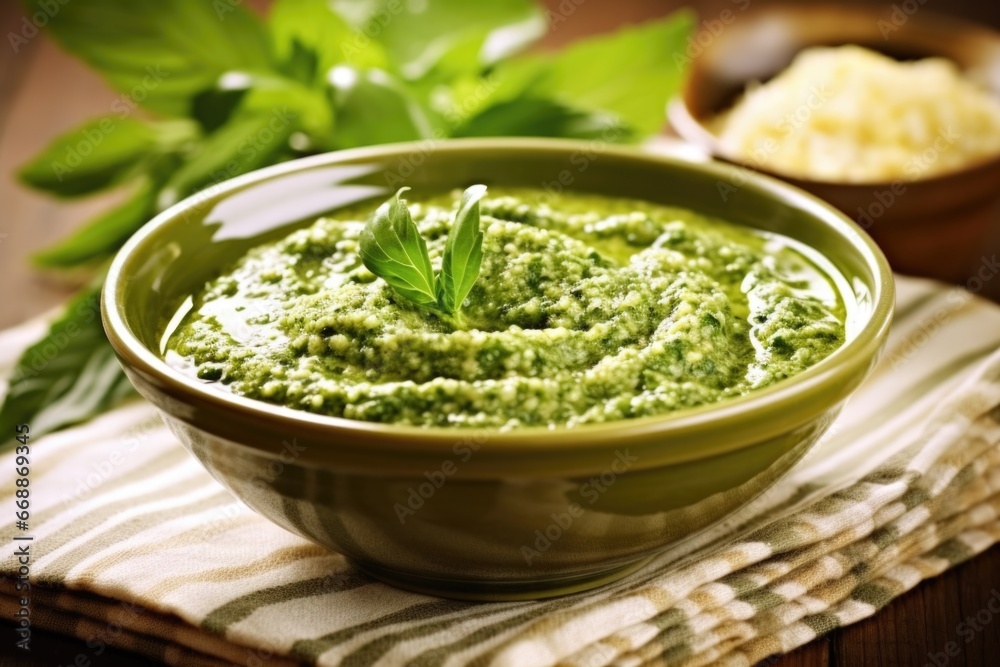 spooning basil pesto sauce onto pasta spooning basil pesto sauce onto pasta