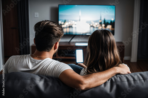 A man and woman sitting on a couch watching tv together and holding a cell phone in their hands and looking at the screen