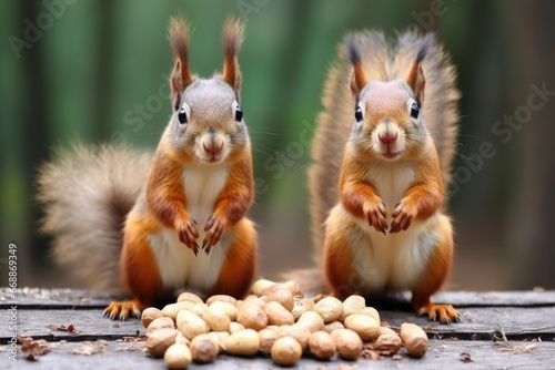 two squirrels, one with a pile of nuts and the other empty-pawed