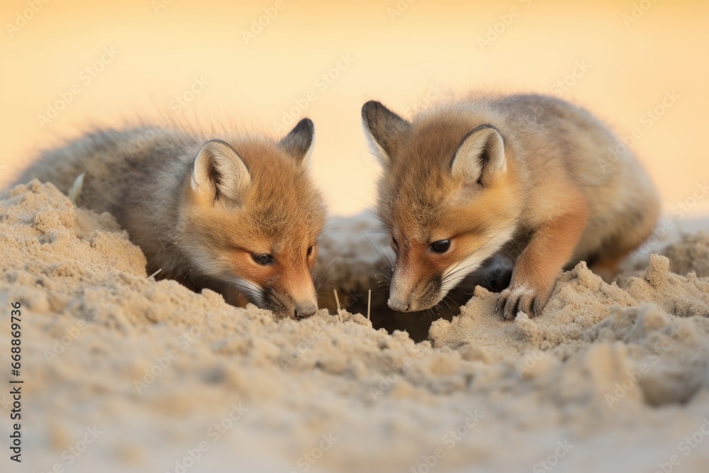 foxes digging holes in a sand field