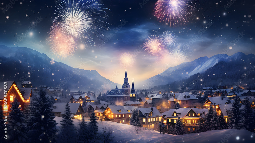 Fireworks display above a snow covered mountain village, new year's eve celebration - obrazy, fototapety, plakaty 
