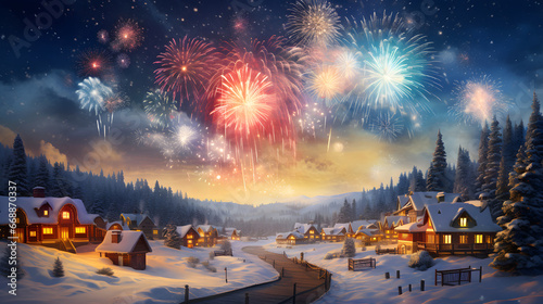 Fireworks display above a snow covered mountain village, new year's eve celebration