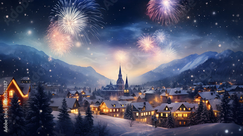 Fireworks display above a snow covered mountain village, new year's eve celebration
