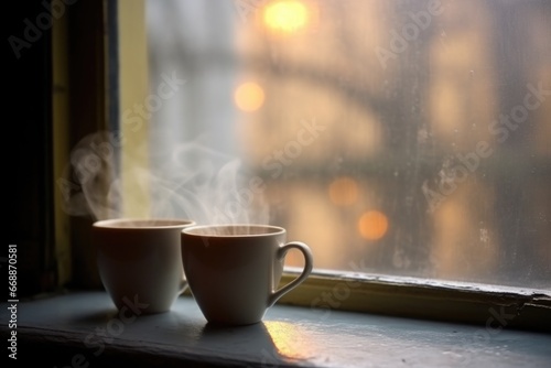 pair of teacups steamy with hot beverage on a rainy window sill